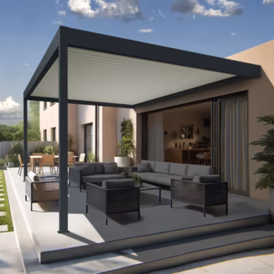 Pergola bioclimatique Xenon II perpendiculaire (Vérin à Télécommande – Gris anthracite / Blanc – 6,093 x 4,50m)