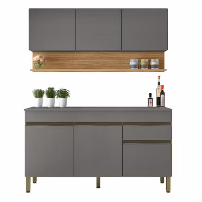 Cuisine Equipée – LINE – 6 Portes 1 Tiroir – Imitation Chêne et Gris – L 150 x H 200 cm