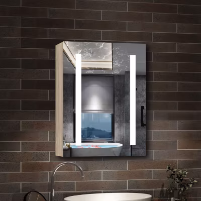 Armoire de toilette avec Miroir LED Anti-Buée, Éclairage 3 Couleurs et Prise Rasoir, Chêne, 50×70 cm, AICA Sanitaire