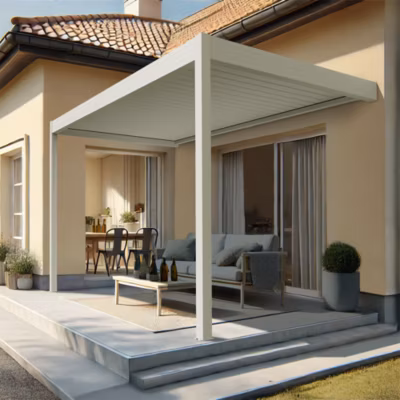 Pergola bioclimatique Xenon II perpendiculaire (Vérin à Télécommande – Blanc – 5,043 x 4,00m)