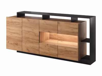 Buffet 4 portes et 4 niches avec LEDs – Naturel clair et Anthracite – IDESIA