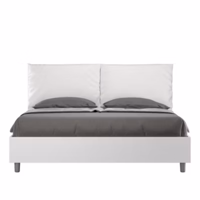 Lit double avec rangement, double relevable, 160×190 cm, bois de frêne blanc, coussins simili cuir blanc, Egos Antea