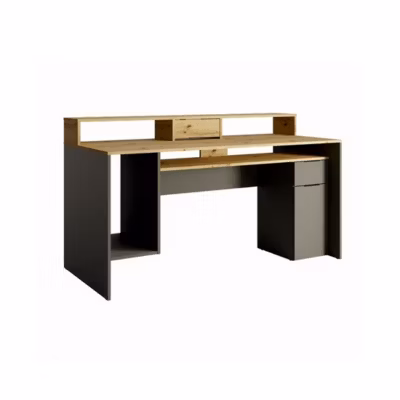 Bureau ordinateur 160cm collection ROXI coloris chene et gris avec rangements