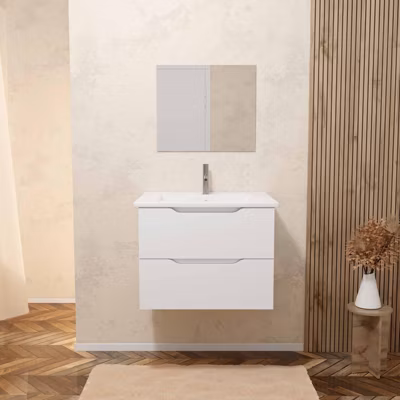 Meuble salle de bain 60cm suspendu 2 tiroirs Blanc Laque poignees integrees vasque et miroir – MILA