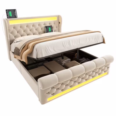 Canape lit 140×200 cm avec coffre hydraulique bande LED integree ports USB C et revetement velours matelas inclus