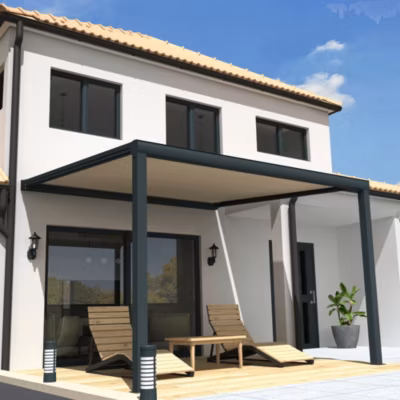 Pergola toile SUNLIGHT Gris anthracite – 3,50×3,50m (Motorisé à télécommande secours + Kit LED 1 coté – Ecru)