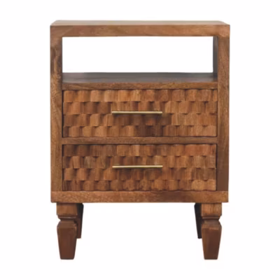 Artisan Furniture Bois massif Arno table de chevet in teck doré, 2 tiroirs, 1 niche ouverte, beige