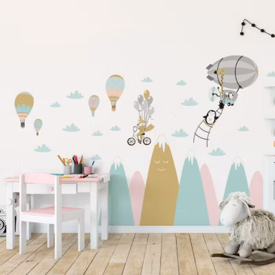Stickers enfant montagnes scandinaves animaux comiques 110 x 165 cm