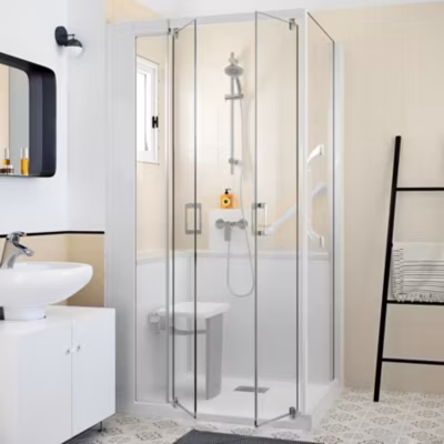 Cabine de douche Kinedo Kinemagic Design 120×90 angle haute 2 portes pivotantes transparent thermostatique