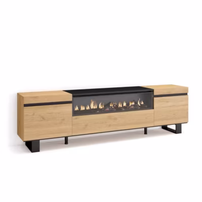 Meuble TV 200x35x57cm feu led sans chaleur couleur chêne et noir