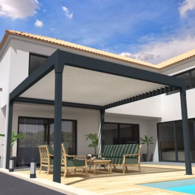 Pergola Bioclimatique COCOON XL îlot Mixte Gris anthracite / Blanc 4,50×3,050m (Vérin à télécommande + Kit LED 3 cotés)