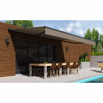 Store banne Semi-coffre COVER 5x3m – Motorisé à télécommande (Gris Anthracite – Motorisé à télécommande secours – Taupe)