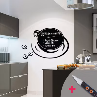 Sticker ardoise tableau noir – stickers muraux adhésif effaçable – CAFÉ CHIC + CRAIE LIQUIDE BLANCHE – 75x90cm
