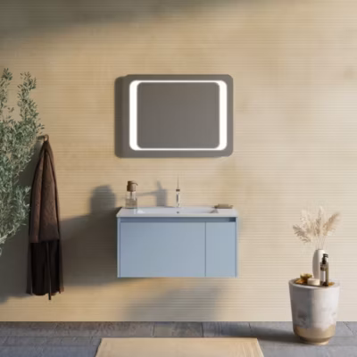 Aménagement De Salle De Bain Suspendu 80Cm Céleste Et Miroir Avec Cadre Led – Monaco