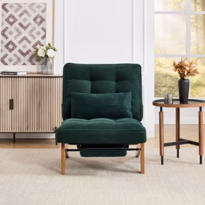 Fauteuil lounge réglable sans dossier en tissu, avec repose-pieds, coussin lombaire et pieds en bois pour salon/chambre/bureau