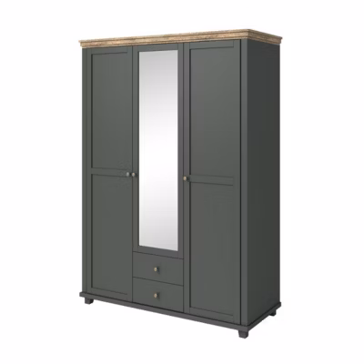 Armoire 150×220 avec 3 portes et 2 tiroirs. Coloris vert kaki et chene. Collection ASSIA