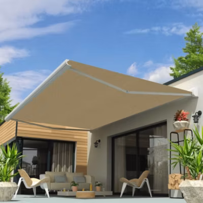 Store banne coffre intégral CELESTE 3,00×2,50 M (Manuel – Armature blanc – Toile écrue)
