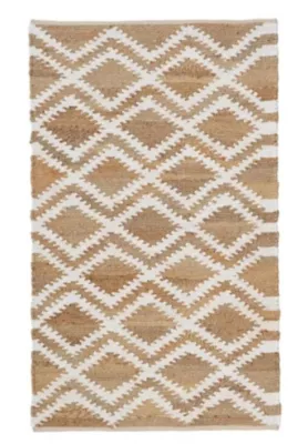 Tapis rectangulaire en Jute et coton naturel à motifs losanges blancs – Largeur 70 x longueur 140 cm