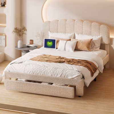 Lit double 160×200 cm en tissu teddy beige, Tiroirs de rangement au pied du lit et ports USB intégrés
