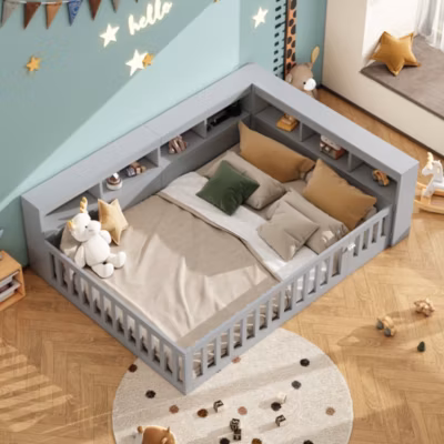 Lit double 140×190 cm – Lit avec rangement et barrière ajustable – MDF et panneaux de particules – Sans matelas – Gris