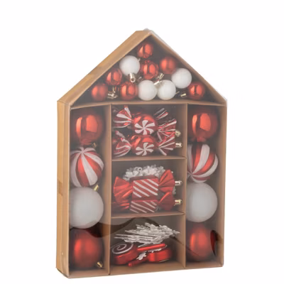 Boite de 50 décorations de sapin de Noël en plastique rouge 24x6x34 cm