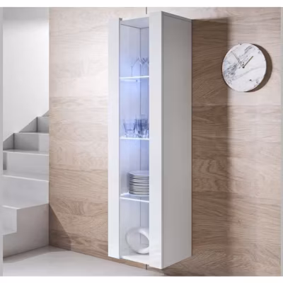Armoire murale contemporaine brillante – Blanc – Méthacrylate & verre – LED – 40 x 29 x 165 cm
