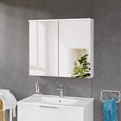 Armoire de toilette suspendue Blanc mat 80x18x70cm (LxPxH) 2 portes miroir, éclairage LED, tablettes en verre – SOLO