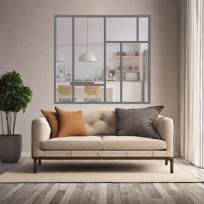 Verrière ArtDéco 7 – L x H : 150 x 125 cm – Laqué brun 2650 granité – vitrages inclus