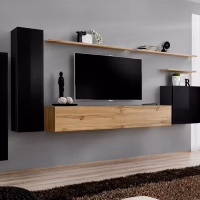 Meuble TV Mural Design « Switch I » 330cm Noir & Naturel