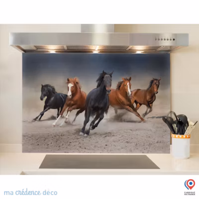 Crédence cuisine fond de hotte Chevaux – Verre trempé – L 90 cm x H 70 cm – MaCrédenceDéco