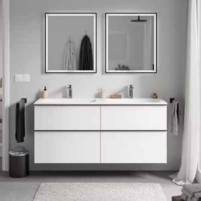 Meuble vasque suspendu MDF Blanc mat, lavabo fonte Blanc mat + trou robinet, poignée Anthracite mat – 120x46x62cm – LAVOA