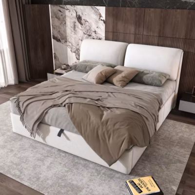 Lit 180×200 cm avec coffre hydraulique et trois tiroirs, tapissé velours beige avec tête de lit réglable