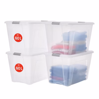 Iris Ohyama, Boites de Rangement Plastique avec Couvercle, 60L, Lot de 4, Argent, NTB-60