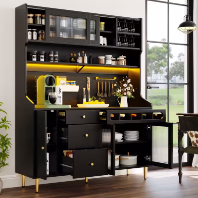 Buffet Haut – Armoire de Rangement avec LED et Étagères Réglables – avec Tiroirs et Porte-Bouteilles – en MDF – Noir