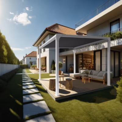 Pergola toile TILA îlot 4,00×3,50m Motorisé à télécommande + manœuvre de secours (Gris Graphite – Blanc)