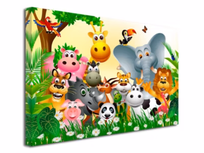 DECLINA, Tableau toile imprimée Enfants, Tableau toile déco Les animaux rigolos de la jungle, 150×100 cm