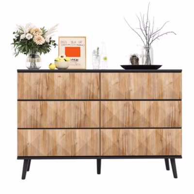 Buffet et commode en noir et bois naturel avec portes surélevées, design moderne et élégant pour votre intérieur