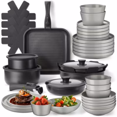 Ensemble de vaisselle et kit de cuisine Service de table en grès émaillé gris/noir