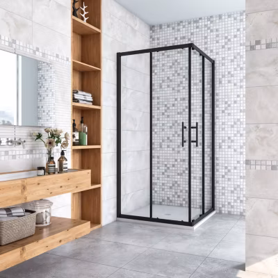 Cabine de douche 90x90x200cm  accès d&rsquo;angle – Noir Mat , noire porte de douche coulissante, en 6mm verre anticalcaire