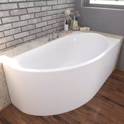Baignoire asymétrique 145 x 85 Droite MIKI acrylique blanc + avec Tablier + Pieds + Vidage à chromé