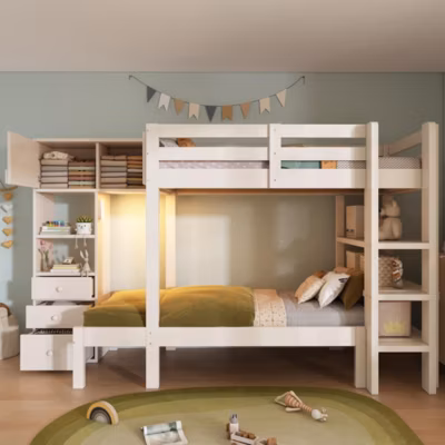 Lit superposé avec armoire, étagère et tiroirs, 90x200cm, blanc, veilleuse intelligente, design décalé, grand rangement