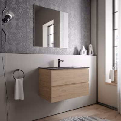 Meuble vasque suspendu MDF Chêne miel, lavabo fonte Noir mat + trou robinet – 80x46x50cm – AVA BRUXELLES