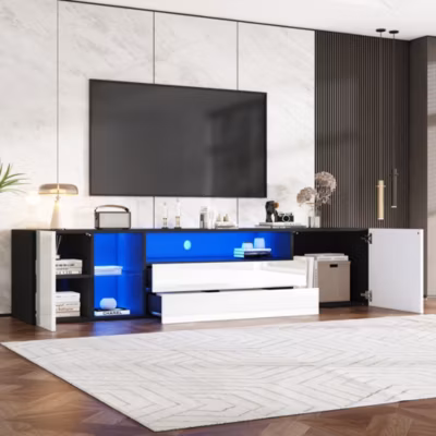 Meuble TV au sol, 2 tiroirs, 2 placards et niche, LED via appli, panneau de particules + verre trempé, 180x40x45 cm, noir/blanc