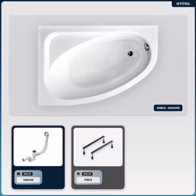 Baignoire asymétrique – 140 x 80 cm – Gauche – sans Habillage – avec Pieds – Vidage Chrome – CORNEA