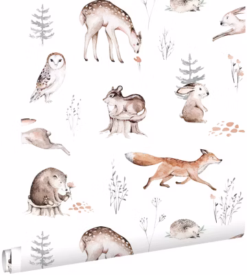 ESTAhome papier peint animaux de la forêt vintage blanc, orange et marron – 53 cm x 10.05 m – 139399