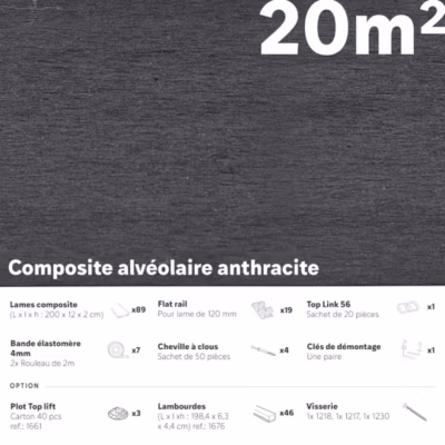 20m2 – Kit terrasse complet Composite anthracite  2.1x12x200 cm – rail aluminium