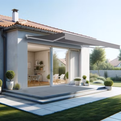 Store banne semi-coffre SARARI 5,00×3,00m (Motorisé à interrupteur + manœuvre de secours – Gris Graphite – Blanc)