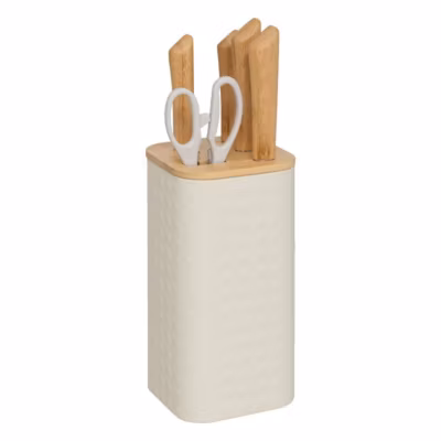 Bloc Sensia 4 couteaux et ciseaux manches en bambou – Blanc- 5five