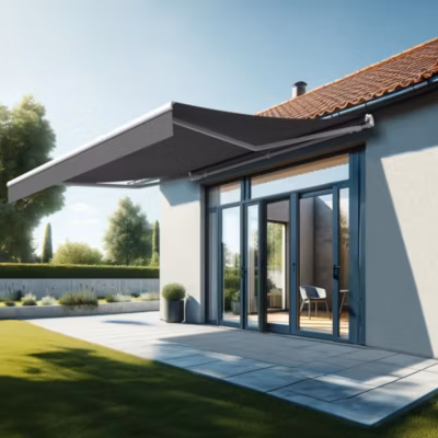 Store banne monobloc ESPAI 4,00×3,50m (Motorisé à interrupteur + manœuvre de secours – Gris Graphite – Blanc)