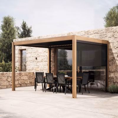 Pergola bioclimatique autoportée 3x4m et 1 store bois gris  Oviala